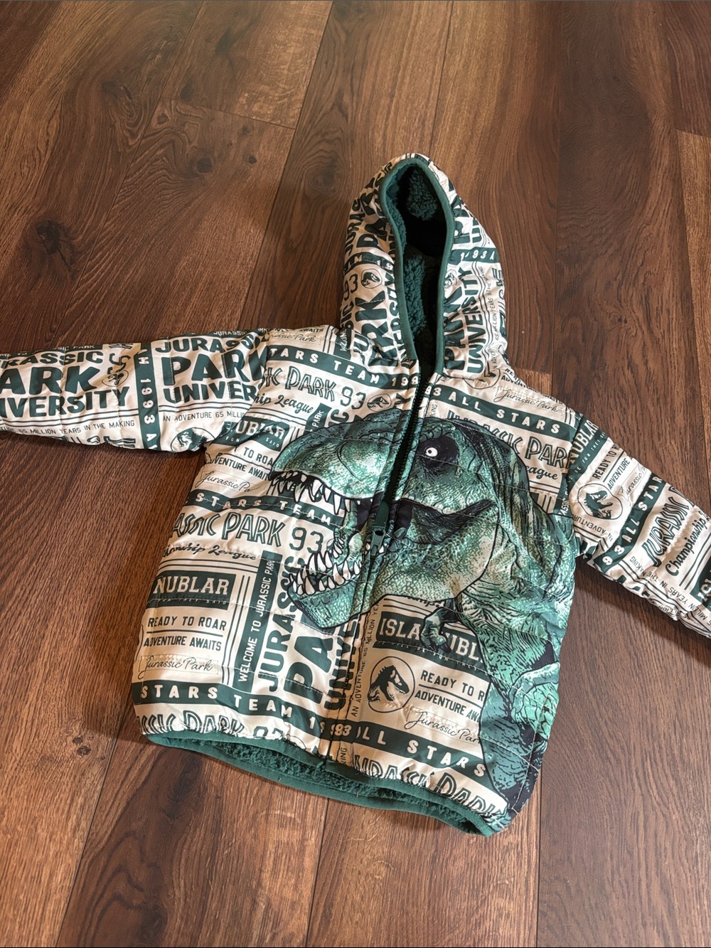 Kids Reversible Dinosaur Graphic Puffer Jacket - Green/Tan